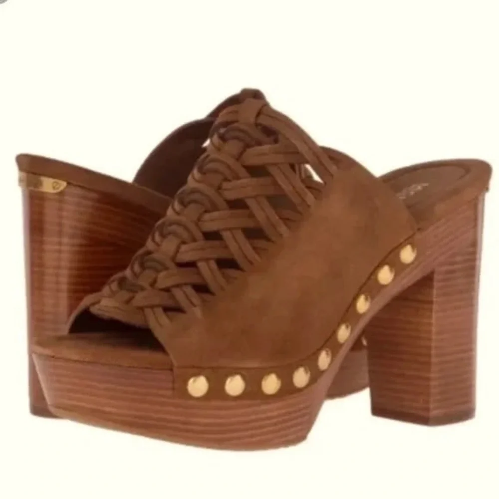 Michael Kors Brown Suede Woven Platform Mules Studded Block Heel 8M 38.5